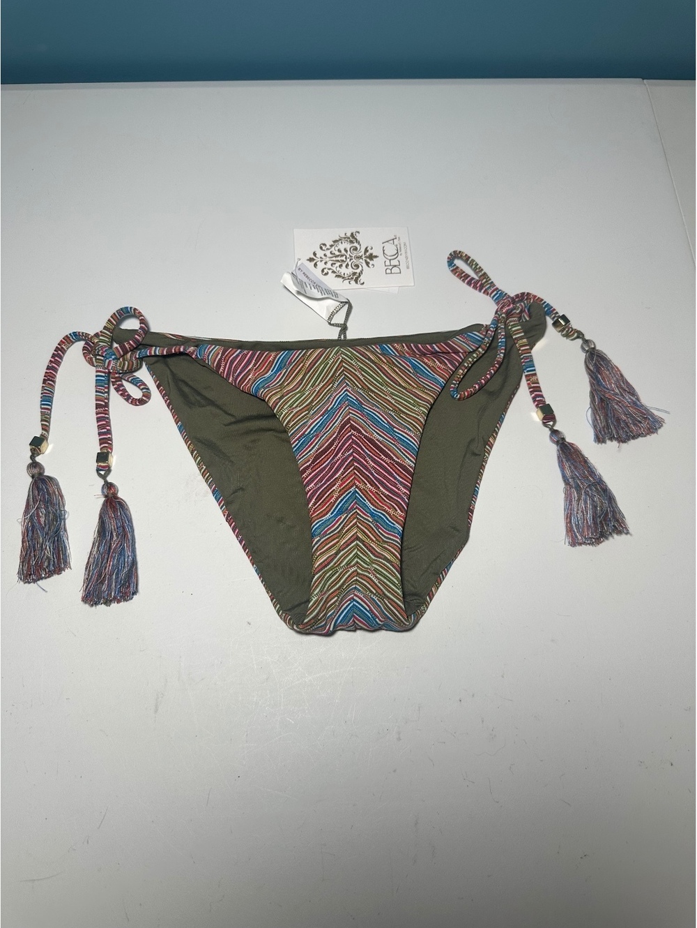 Becca Multicolor Striped Bikini Bottom with Tassel Ties, Size Small